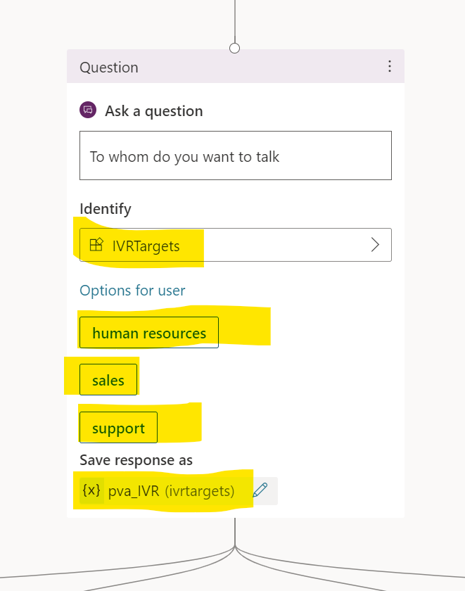 Figure 15: Change the question node, use custom entity "IVRTargets"