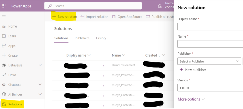 Figure 7: Create a new solution in Power Platform Admin Center