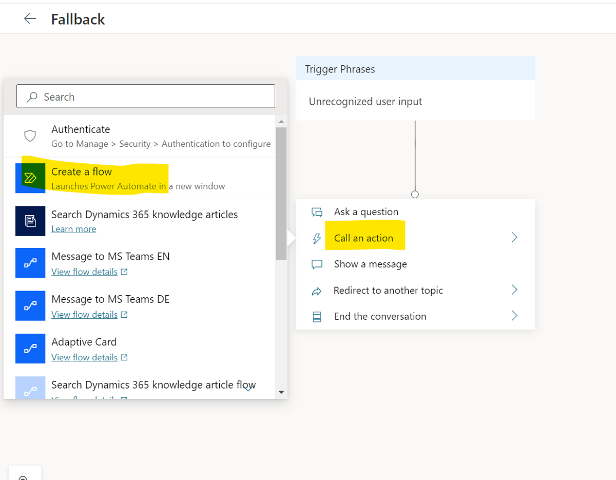 Figure 10: Create a new Call for an action node