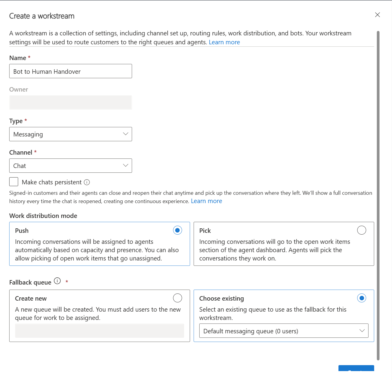 Figure 23: Create and configure a workstream