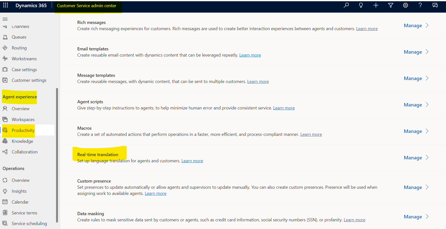 Figure 1: Select "Manage" in "Real-time translation"